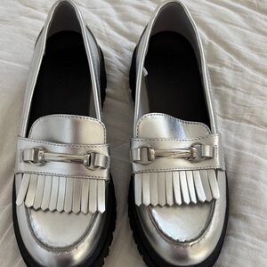 Silver Loafers with Fringe Detail